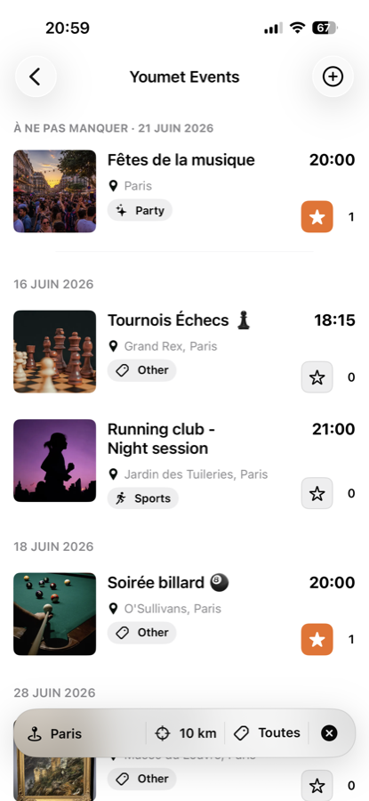 La liste des événements de proximité dans Youmet